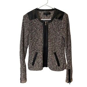 Rag & Bone New York Tweed‎ Leather Trim Zip Front Blazer Jacket Womens Size S